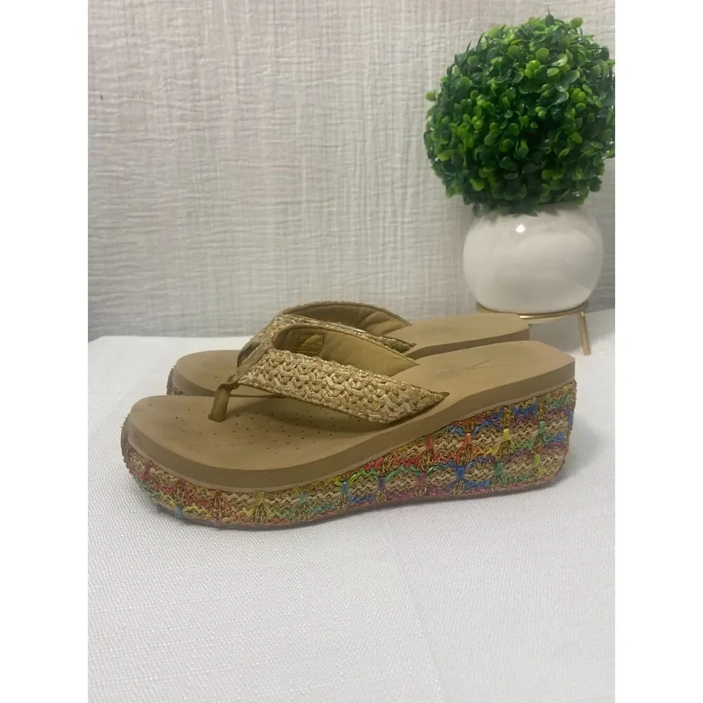 Volatile Wedge Flip Flop Sandals Women's Sz 9 Espadrilles Beige Multicolor Boho